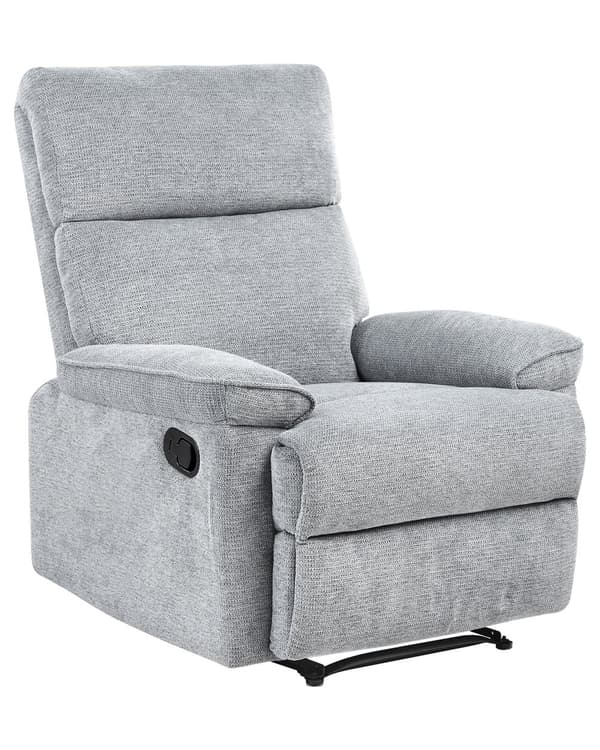 Lænestol med Vippefunktion Grå Stof Tyk Polstret Hvilestol med Indbygget Fodskammel Senior Otiumstol Høj Ryg Retro Positionsstol Design