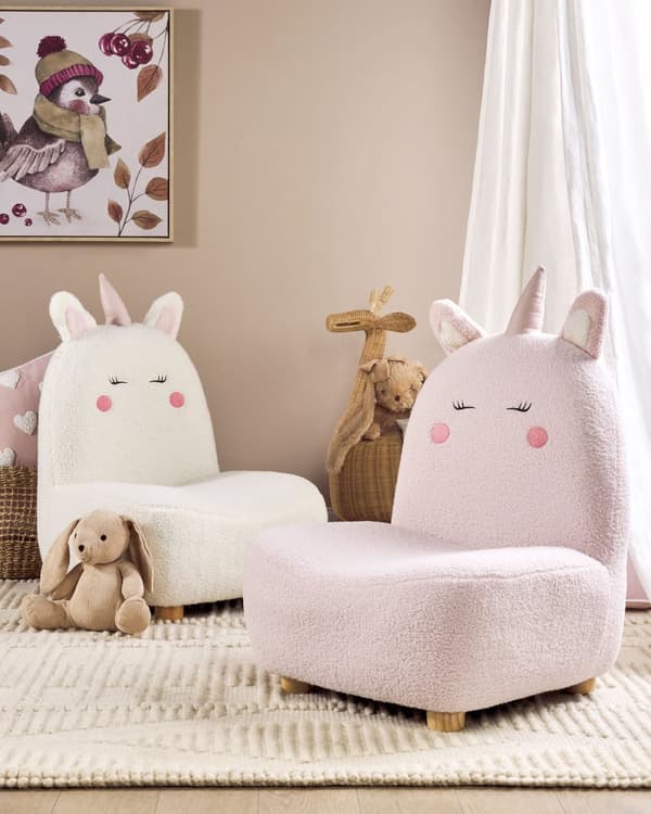 Dyre-stol Hvit polyesterpolstring Armless Nursery Furniture Seat for barn Moderne design Enhjørningform