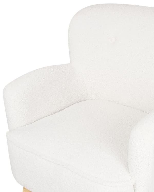 Lenestol Hvit Boucle Polstring Fotskammel Treben Massivt Mønster Retro Boho Stue