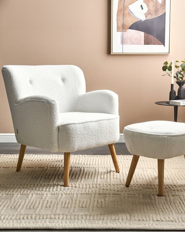 Lenestol Hvit Boucle Polstring Fotskammel Treben Massivt Mønster Retro Boho Stue