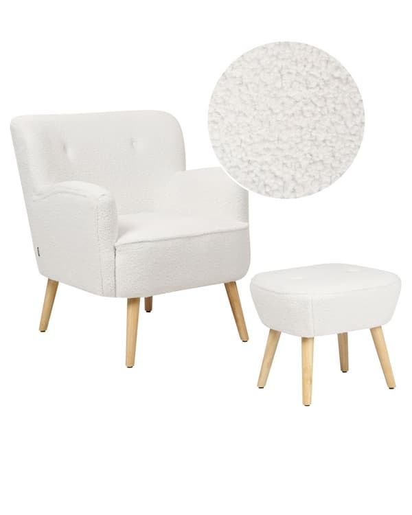 Lenestol Hvit Boucle Polstring Fotskammel Treben Massivt Mønster Retro Boho Stue
