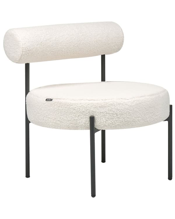 Lenestol Hvit Bouclé Svart metallramme Rund form Uten armlener Vintage ryggstøtte Hvilestol