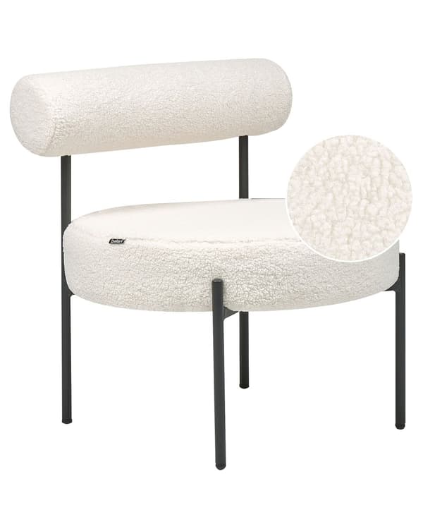 Lenestol Hvit Bouclé Svart metallramme Rund form Uten armlener Vintage ryggstøtte Hvilestol