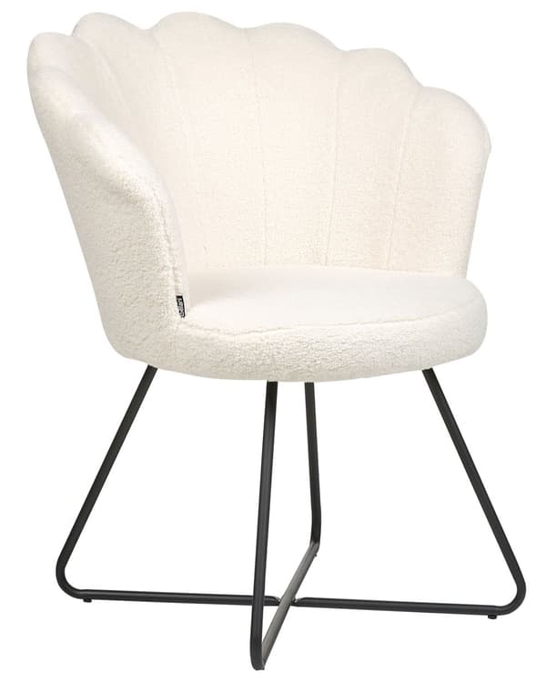 Armlös stol Vit Boucle-klädsel Skalrygg Vintage klassisk design Svart metallram