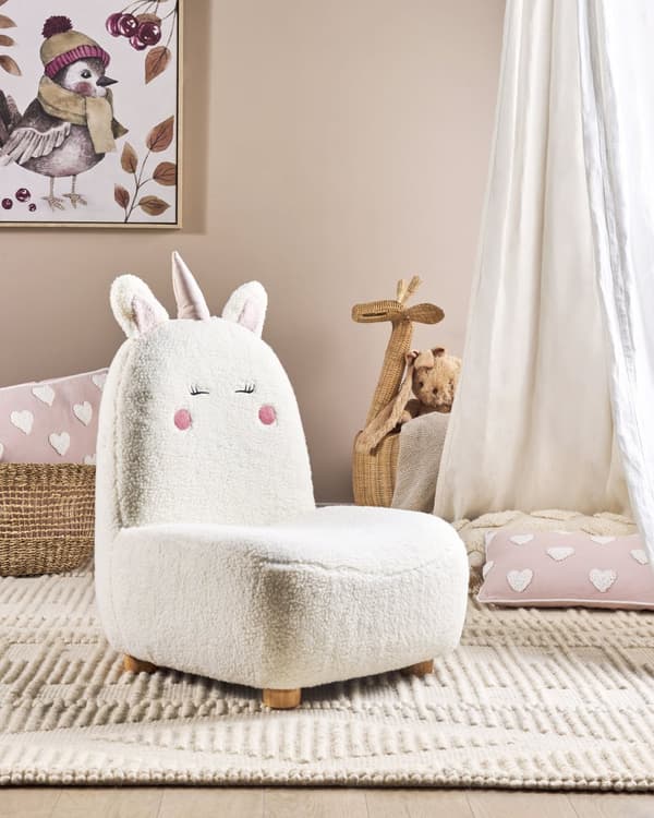 Lasten nojatuoli luonnonvalkoinen teddykangasverhoilu yksisarvinen lastenhuoneen moderni