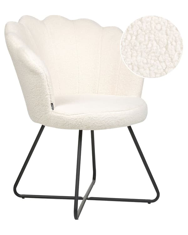 Lænestol Hvid Boucle Plys Stuestol med Armlæn til Stuen Bred Hvilestol Polstret Blød Fluffy Stol Design