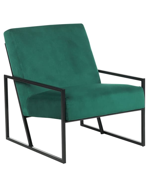 Lenestol Grønn fløyel 83L x 69W x 83H Ryggstøtte Armlener Svart metallramme Moderne Glam Stue