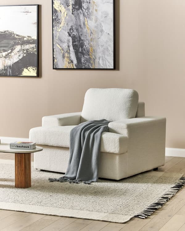Lenestol Hvit Boucle polstret med tykk polstret rygg Classic Stue Sofa
