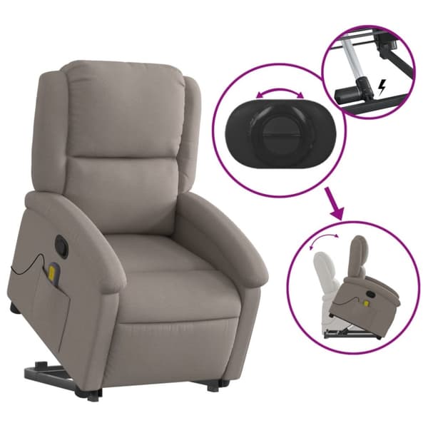 Massagefåtölj med uppresningshjälp taupe tyg