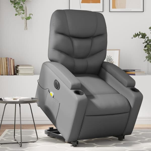 Massagefåtölj med uppresningshjälp grå konstläder