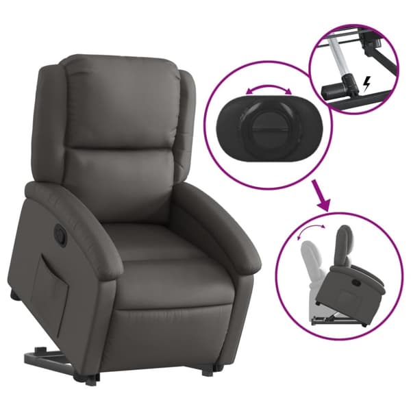 Reclinerfåtölj med uppresningshjälp grå äkta läder