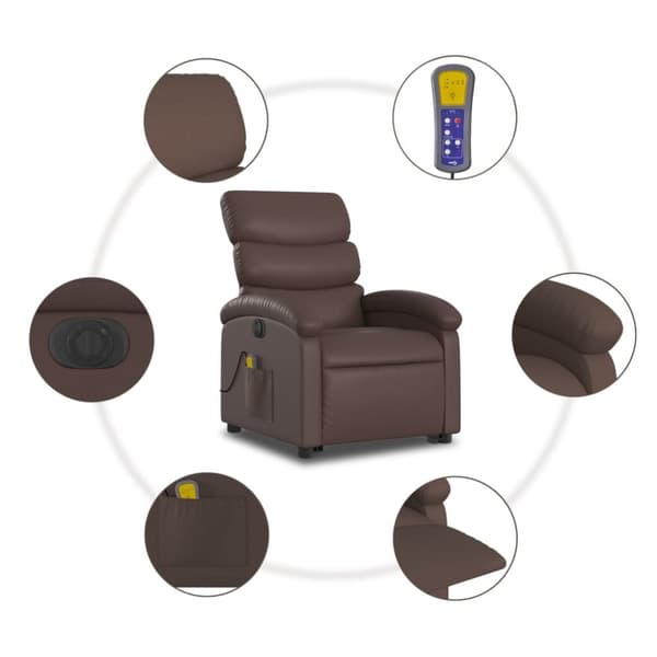 Massagefåtölj med uppresningshjälp brun konstläder