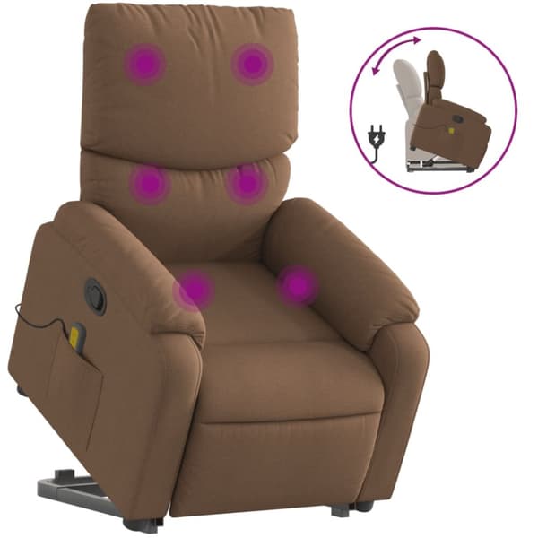 Massagefåtölj med uppresningshjälp brun tyg