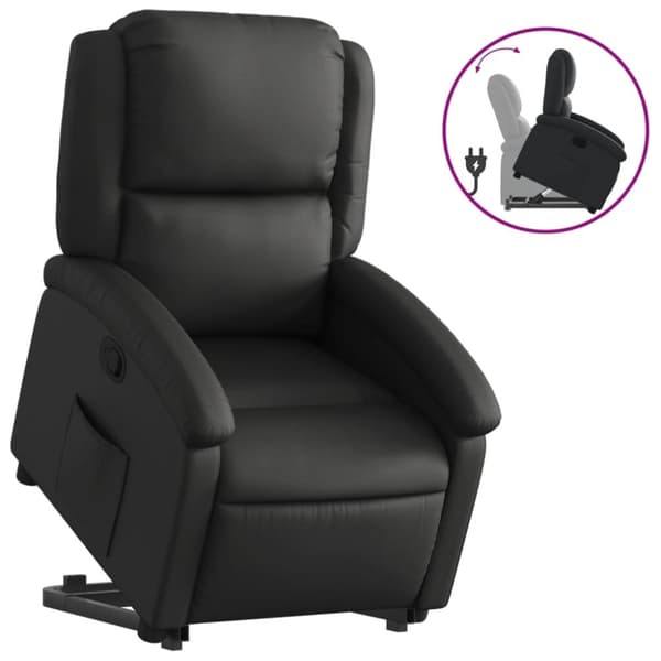 Reclinerfåtölj med uppresningshjälp svart äkta läder