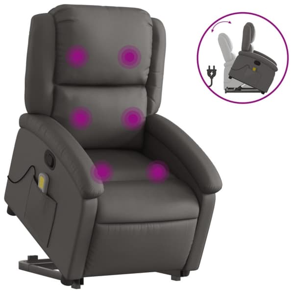 Massagefåtölj med uppresningshjälp grå äkta läder