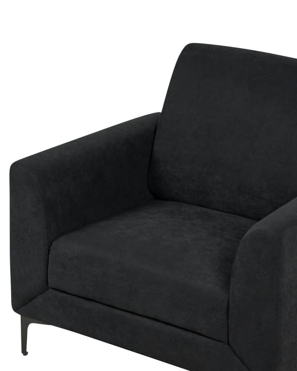 Lenestol Svart stoffkledning Svarte ben Tykk sittepute Retro stue Møbler