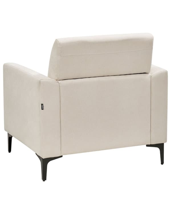Lenestol Beige stoffkledning Svarte ben Tykk sittepute Retro stue Møbler