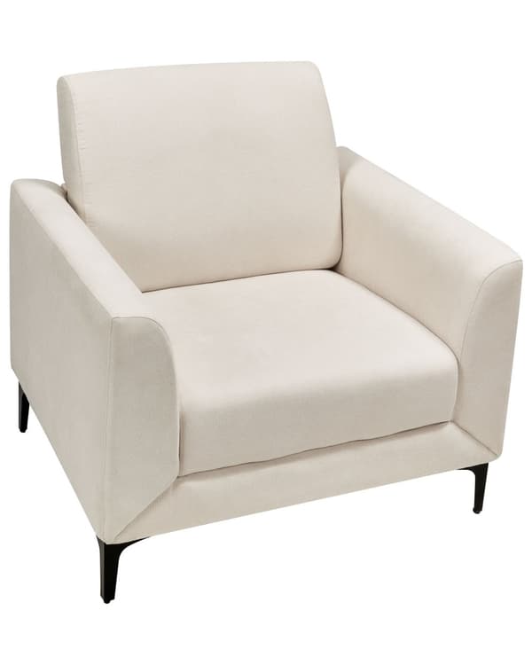 Lenestol Beige stoffkledning Svarte ben Tykk sittepute Retro stue Møbler