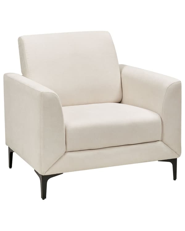 Lenestol Beige stoffkledning Svarte ben Tykk sittepute Retro stue Møbler