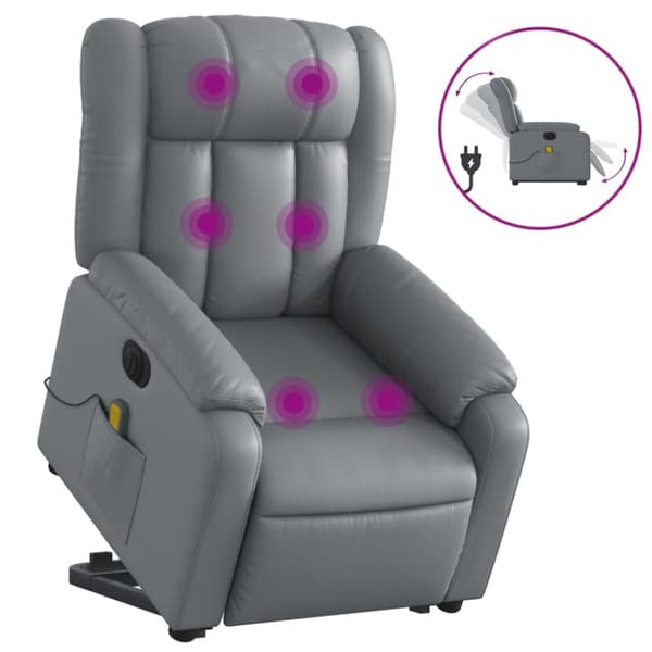 Massagefåtölj med uppresningshjälp grå konstläder