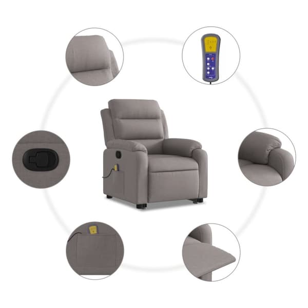 Massagefåtölj med uppresningshjälp taupe tyg