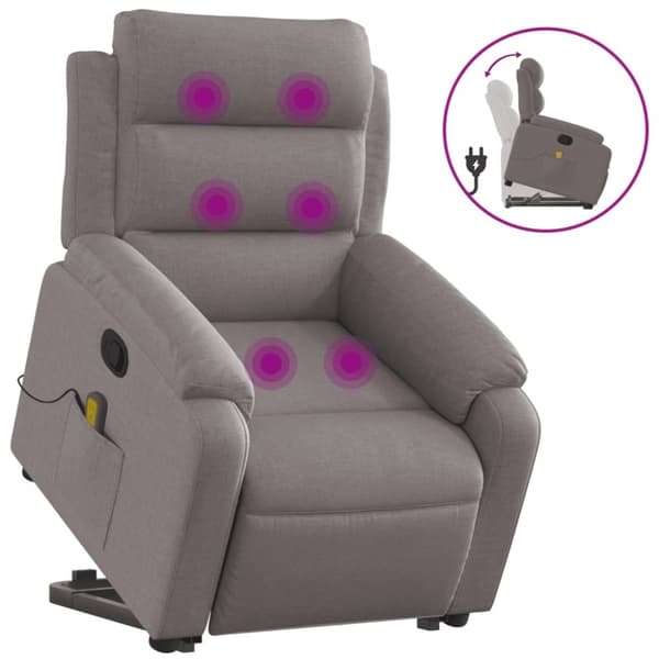 Massagefåtölj med uppresningshjälp taupe tyg