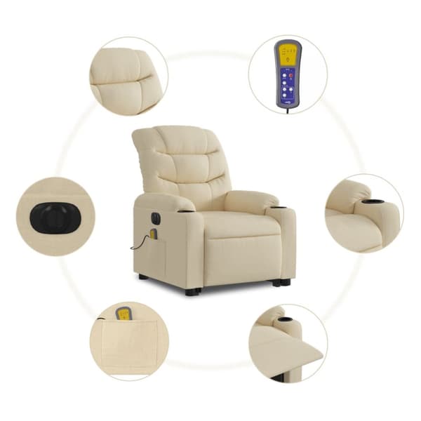 Elektrisk massagefåtölj med uppresningshjälp gräddvit tyg