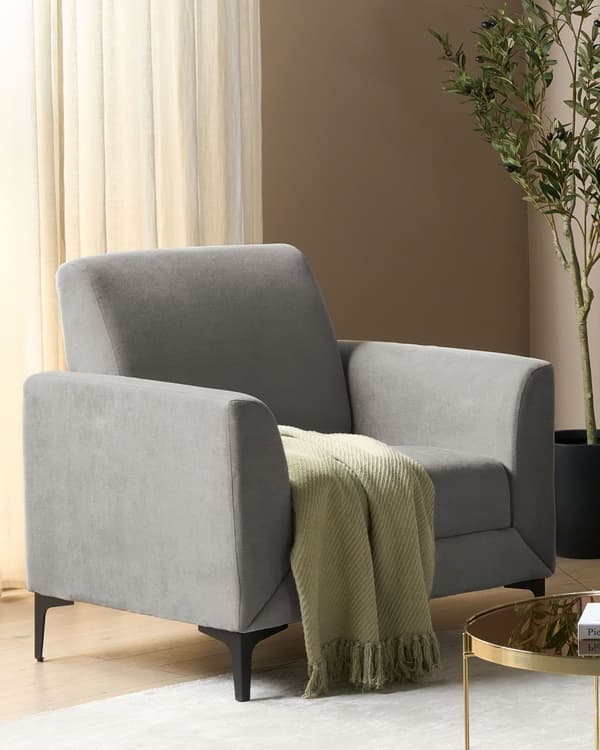 Lænestol Grå Polyester Stuestol med Armlæn til Stuen Bred Hvilestol Polstret Design Møbel
