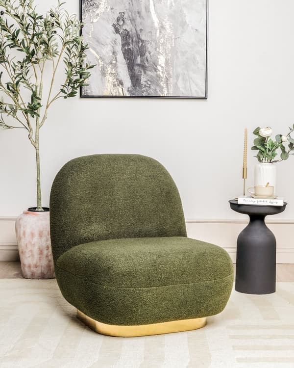 Fåtölj Grönt Bouclétyg Mjuk Guld Bas Samtida Glam Art Deco Design Vardagsrum