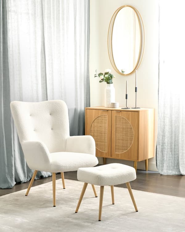 Hvilestol med ottoman Off White Boucle Stoff Knappet Ensfarget Mønster Retro Stil Stue