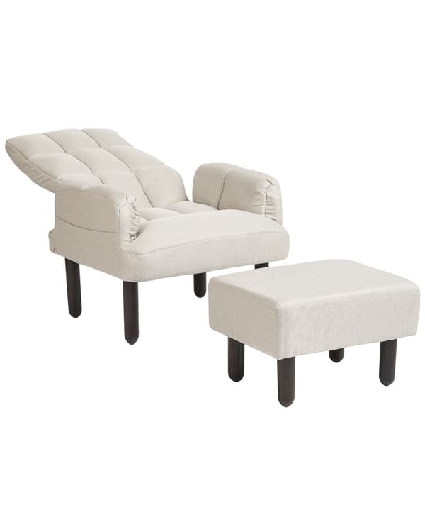 Nojatuoli vaalea beige pellava verhoiltu puu rahilla neliötikattu säädettävä selkänoja retro tyyli