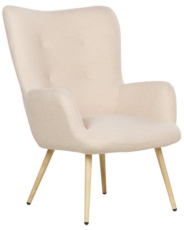 Nojatuoli beige bukleeverhoilu rahilla pörröinen tuftattu retro