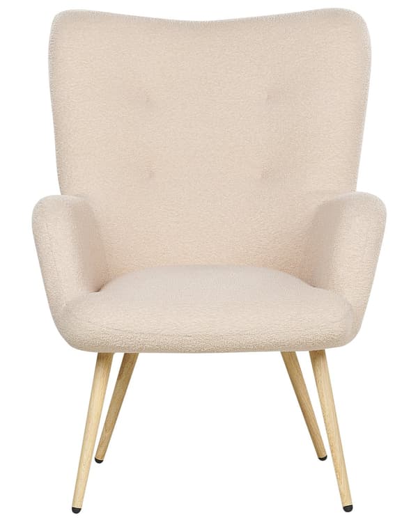 Nojatuoli beige bukleeverhoilu rahilla pörröinen tuftattu retro