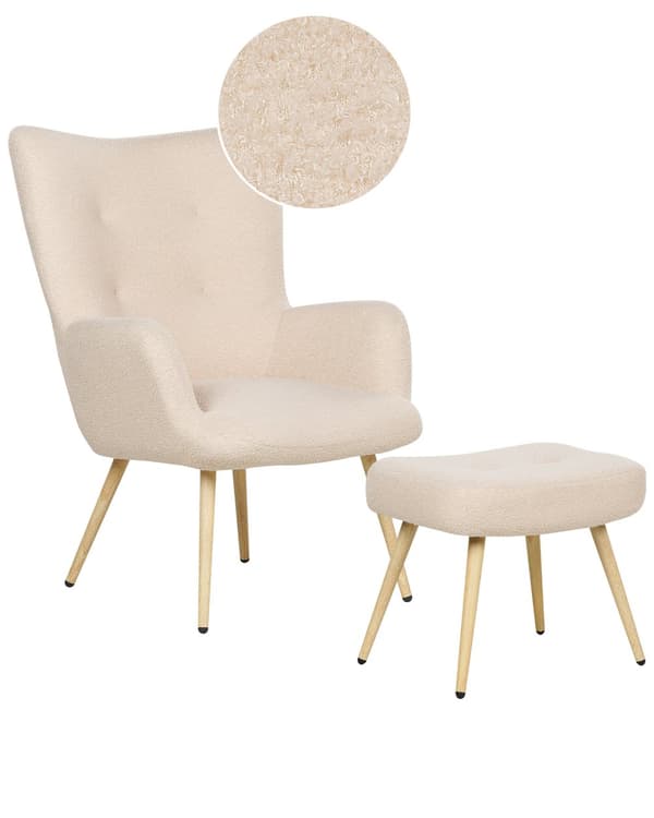 Wingback fåtölj med ottoman Beige Boucle tyg Knäppt Solid mönster Retro stil Vardagsrum