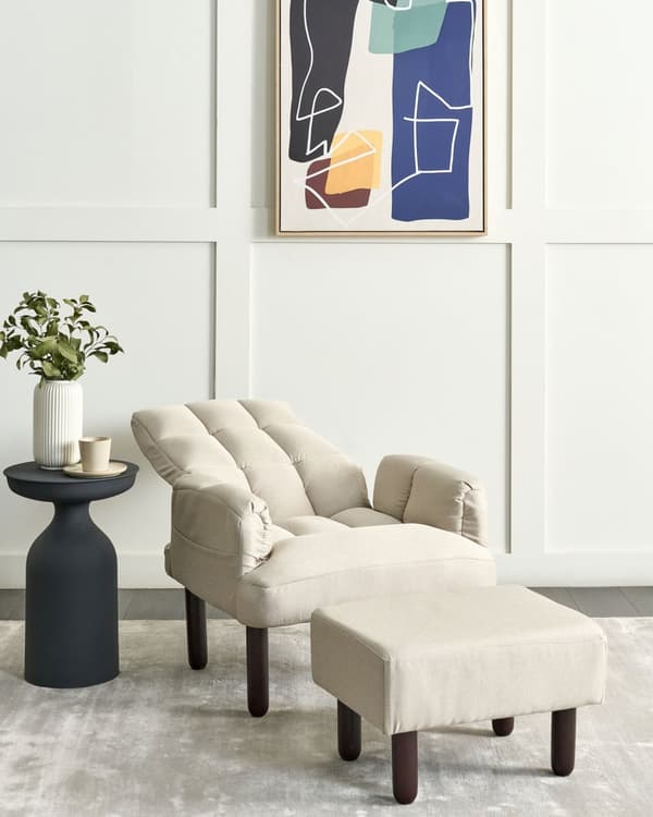 Fåtölj Beige Linne 65L x 65W x 94H cm Ottoman Vadderade Träben