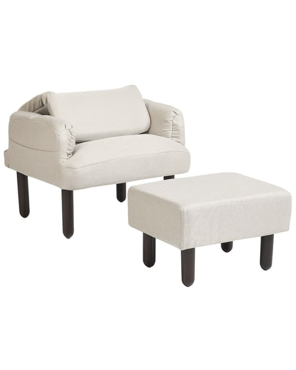 Fåtölj Beige Linne 65L x 65W x 94H cm Ottoman Vadderade Träben