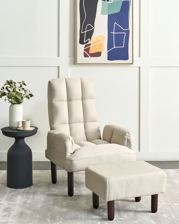 Fåtölj Beige Linne 65L x 65W x 94H cm Ottoman Vadderade Träben