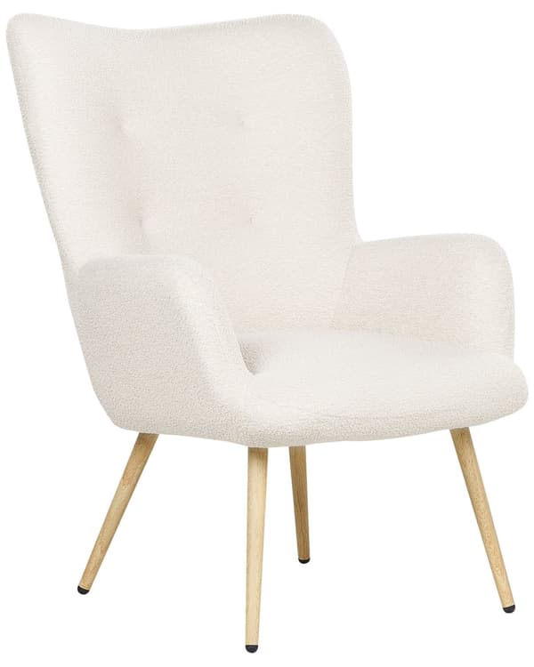 Lænestol med Fodskammel Hvid Boucle Stuestol med Armlæn til Stuen Bred Hvilestol Polstret Design Møbel Lænestolssæt
