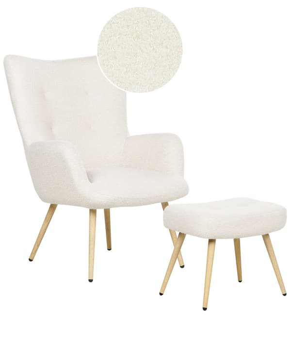 Lænestol med Fodskammel Hvid Boucle Stuestol med Armlæn til Stuen Bred Hvilestol Polstret Design Møbel Lænestolssæt