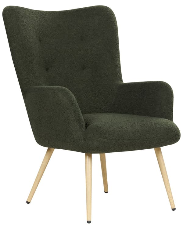 Lænestol med skammel Mørkegrønt boucléstof Knap ensfarvet mønster Retro Stil Stue
