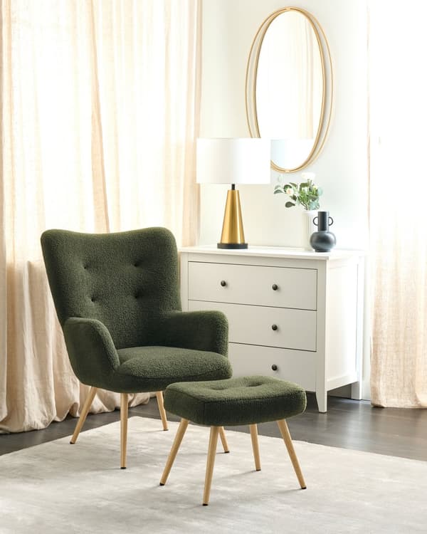 Lænestol med skammel Mørkegrønt boucléstof Knap ensfarvet mønster Retro Stil Stue
