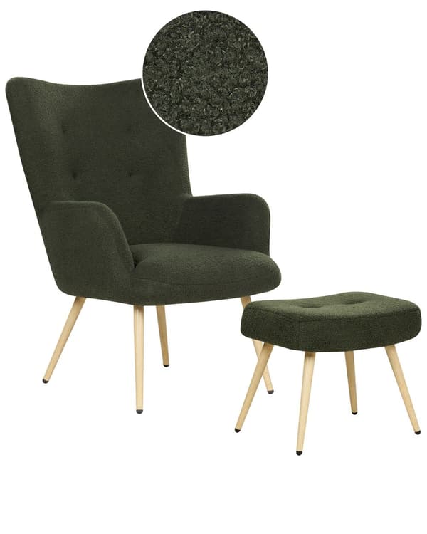 Lænestol med skammel Mørkegrønt boucléstof Knap ensfarvet mønster Retro Stil Stue
