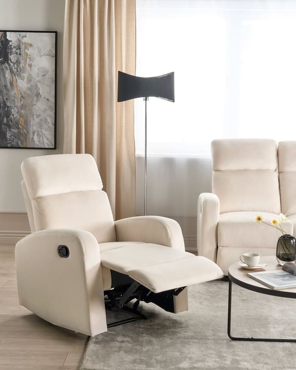 Manuell Reclinerfåtölj Vit Sammetsklädsel Singelsits Modern Design Liggfunktion