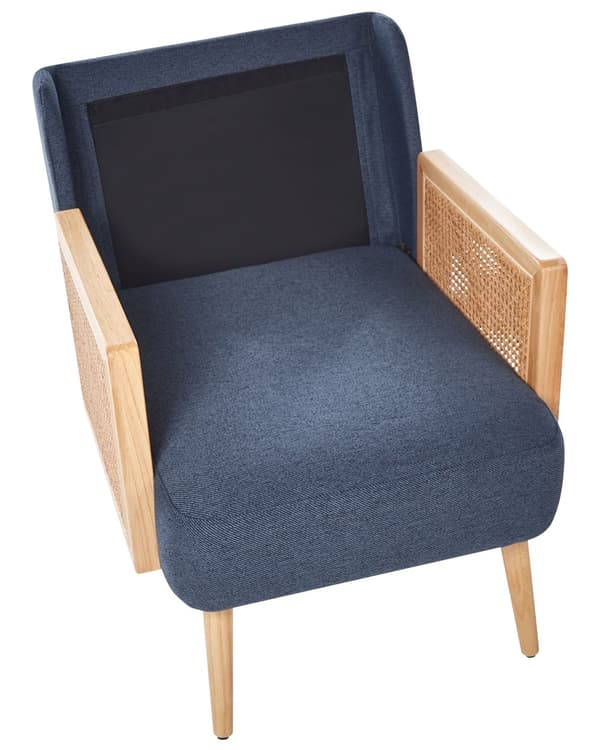 Fåtölj Blå Polyester Träram med Rottingfläta Träben Benskydd i Plast med Dyna Traditionell Stil Vardagsrum Sovrum