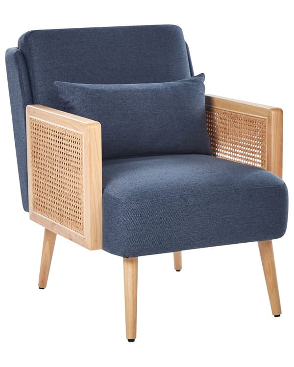Fåtölj Blå Polyester Träram med Rottingfläta Träben Benskydd i Plast med Dyna Traditionell Stil Vardagsrum Sovrum