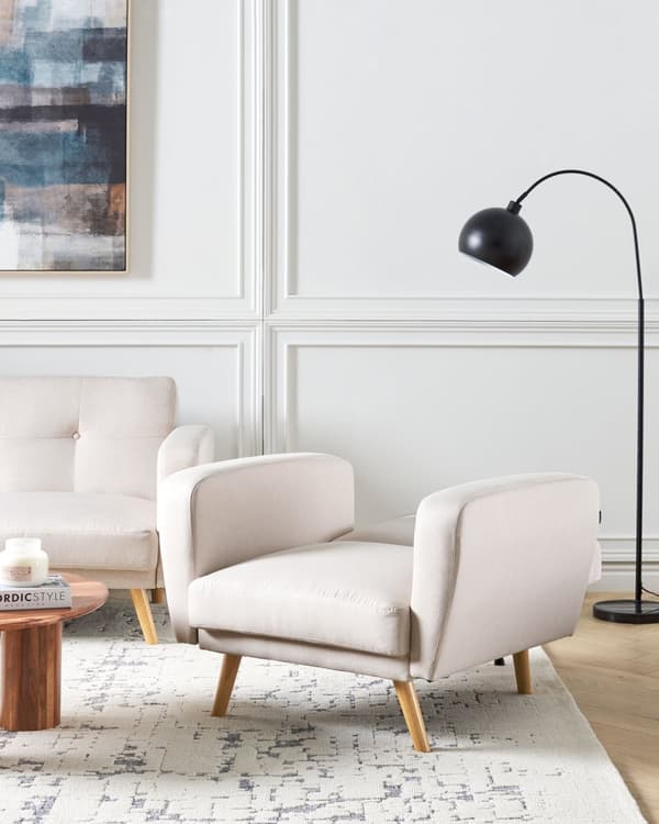 Fåtölj Beige Tyg Träben Modernt Minimalistiskt Vardagsrum