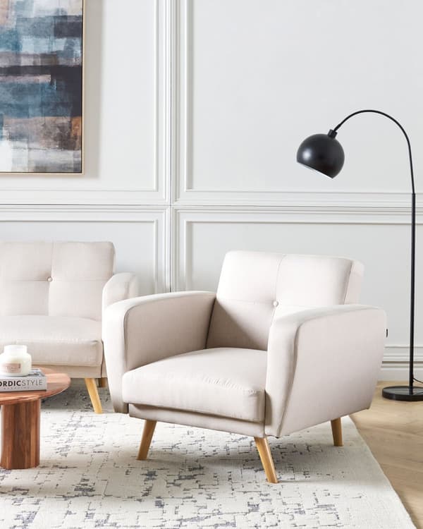 Fåtölj Beige Tyg Träben Modernt Minimalistiskt Vardagsrum