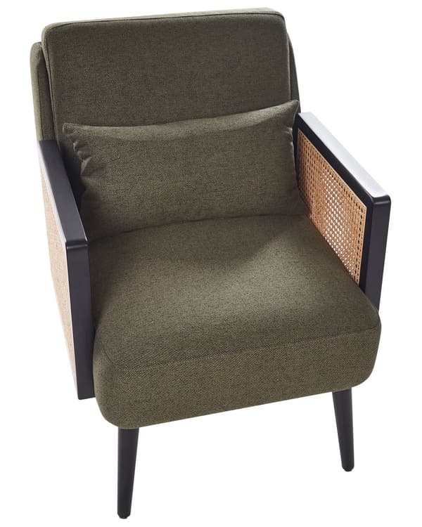 Fåtölj Grön Polyester Träram med Rottingfläta Träben Benskydd i Plast med Dyna Traditionell Stil Vardagsrum Sovrum
