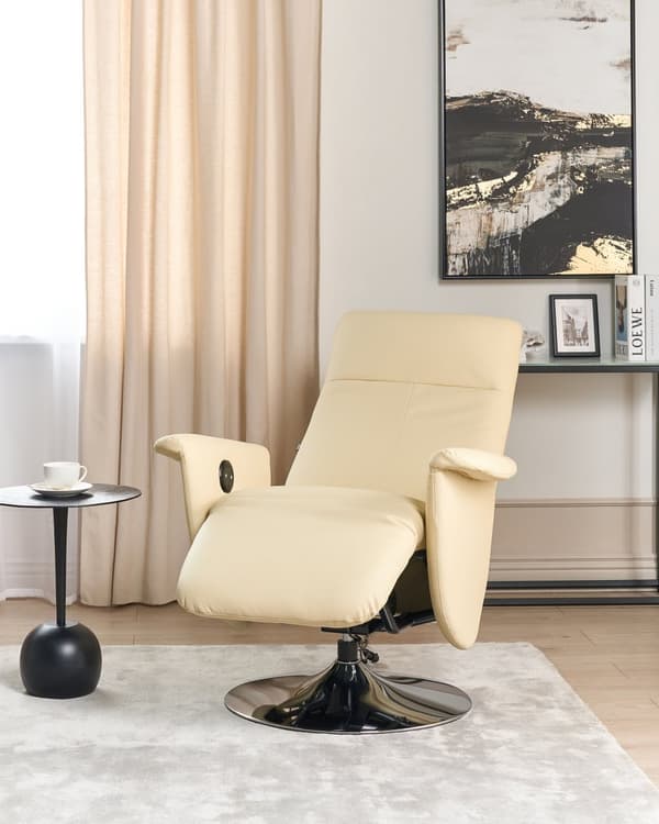 Hvilestol Beige kunstskinn Justerbar rygg Metallunderstell uttrekkbar fotskammel Høy rygg Minimalistisk moderne design