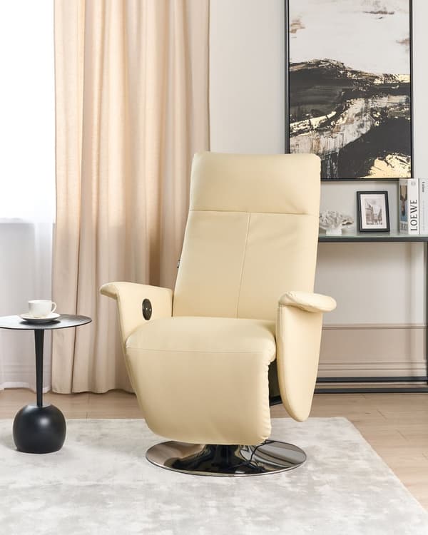 Fåtölj Beige konstläder Justerbar rygg Metallbas Utdragbar fotpall Hög rygg Minimalistisk modern design